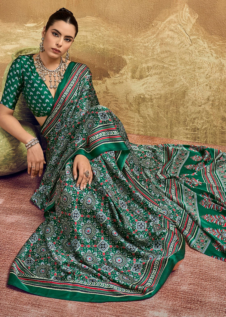 Jade Green Satin Crepe Saree Featuring Rich Ajrakh Prints