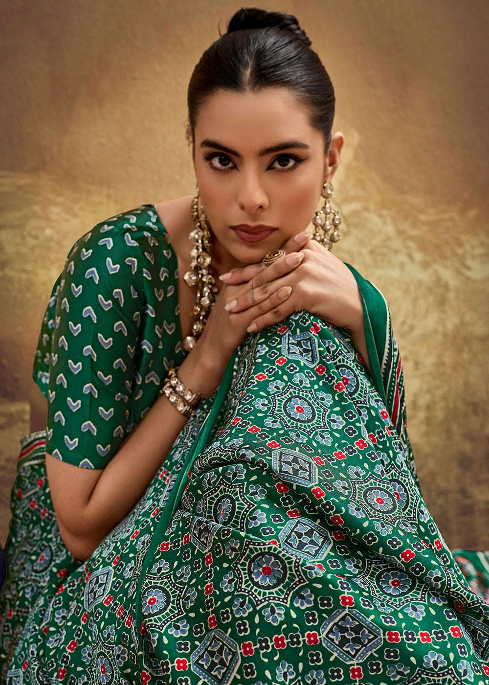 Jade Green Satin Crepe Saree Featuring Rich Ajrakh Prints