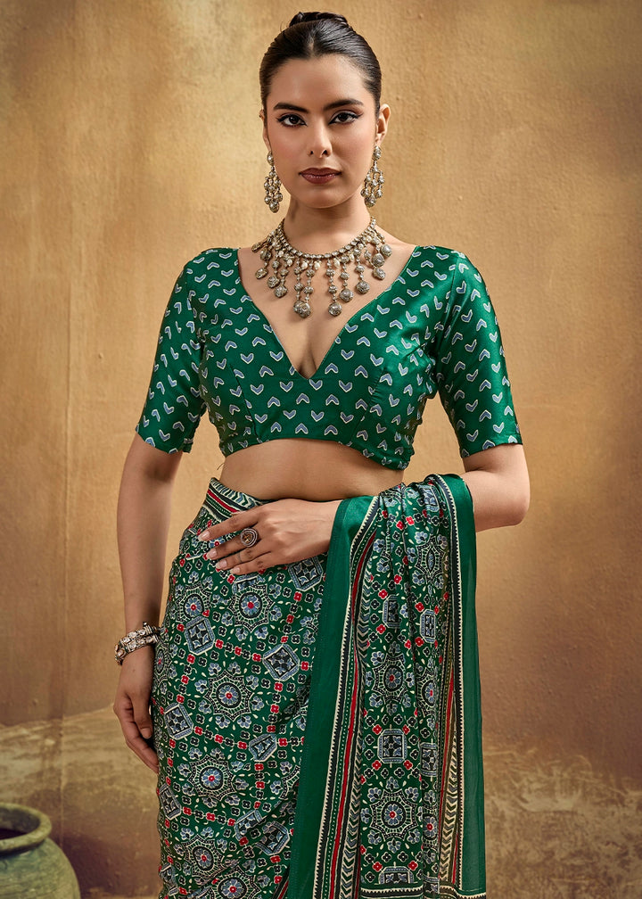 Jade Green Satin Crepe Saree Featuring Rich Ajrakh Prints