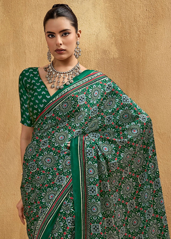 Jade Green Satin Crepe Saree Featuring Rich Ajrakh Prints