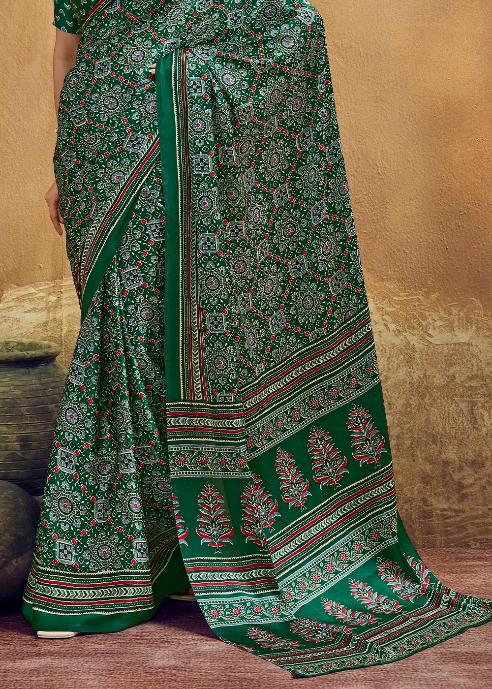 Jade Green Satin Crepe Saree Featuring Rich Ajrakh Prints