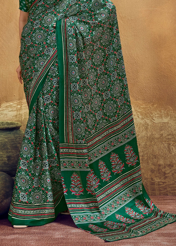 Jade Green Satin Crepe Saree Featuring Rich Ajrakh Prints