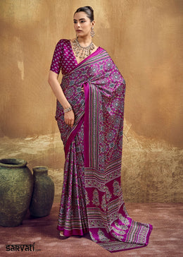 Pompadour Purple Satin Crepe Saree Featuring Rich Ajrakh Prints