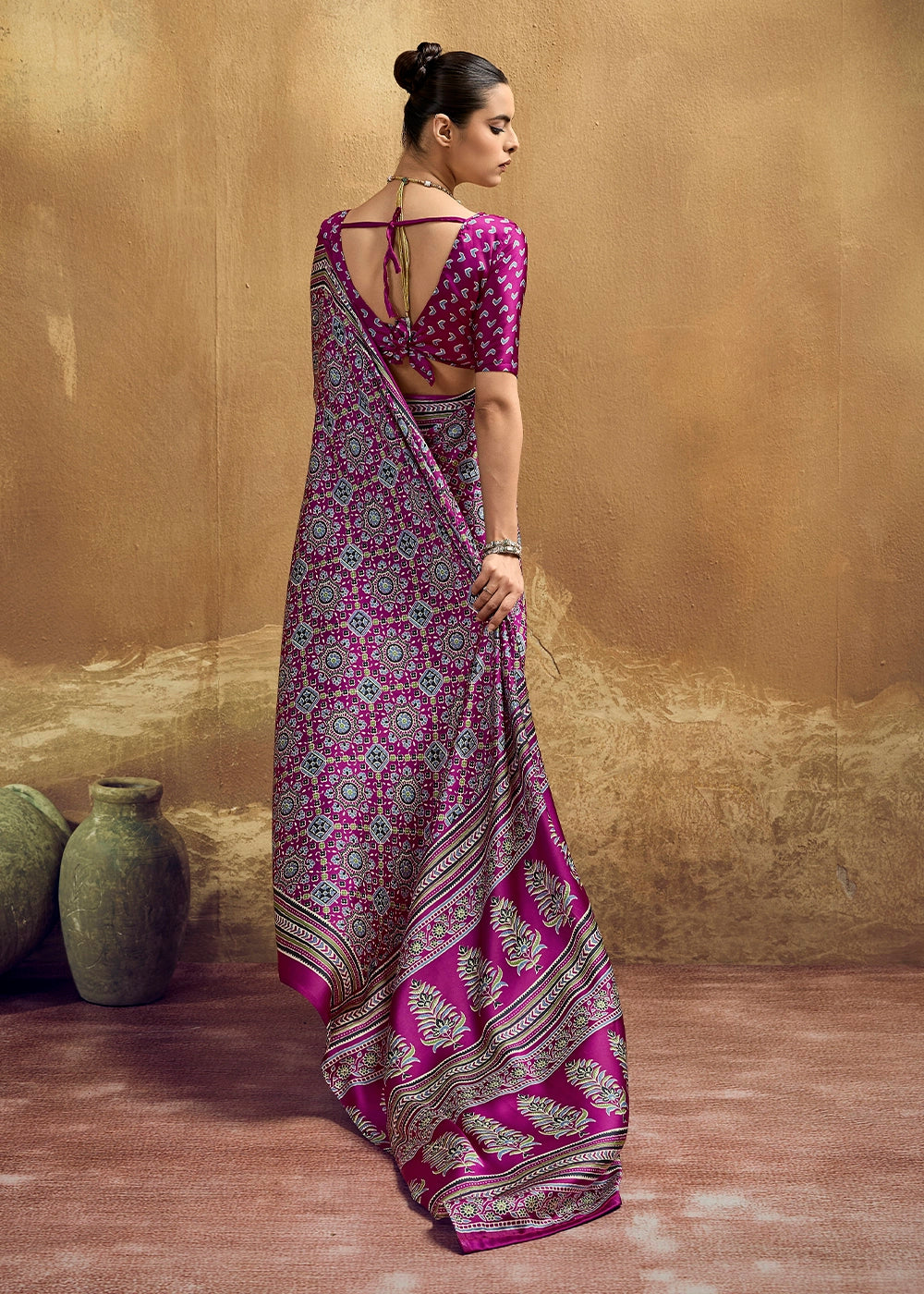 Pompadour Purple Satin Crepe Saree Featuring Rich Ajrakh Prints