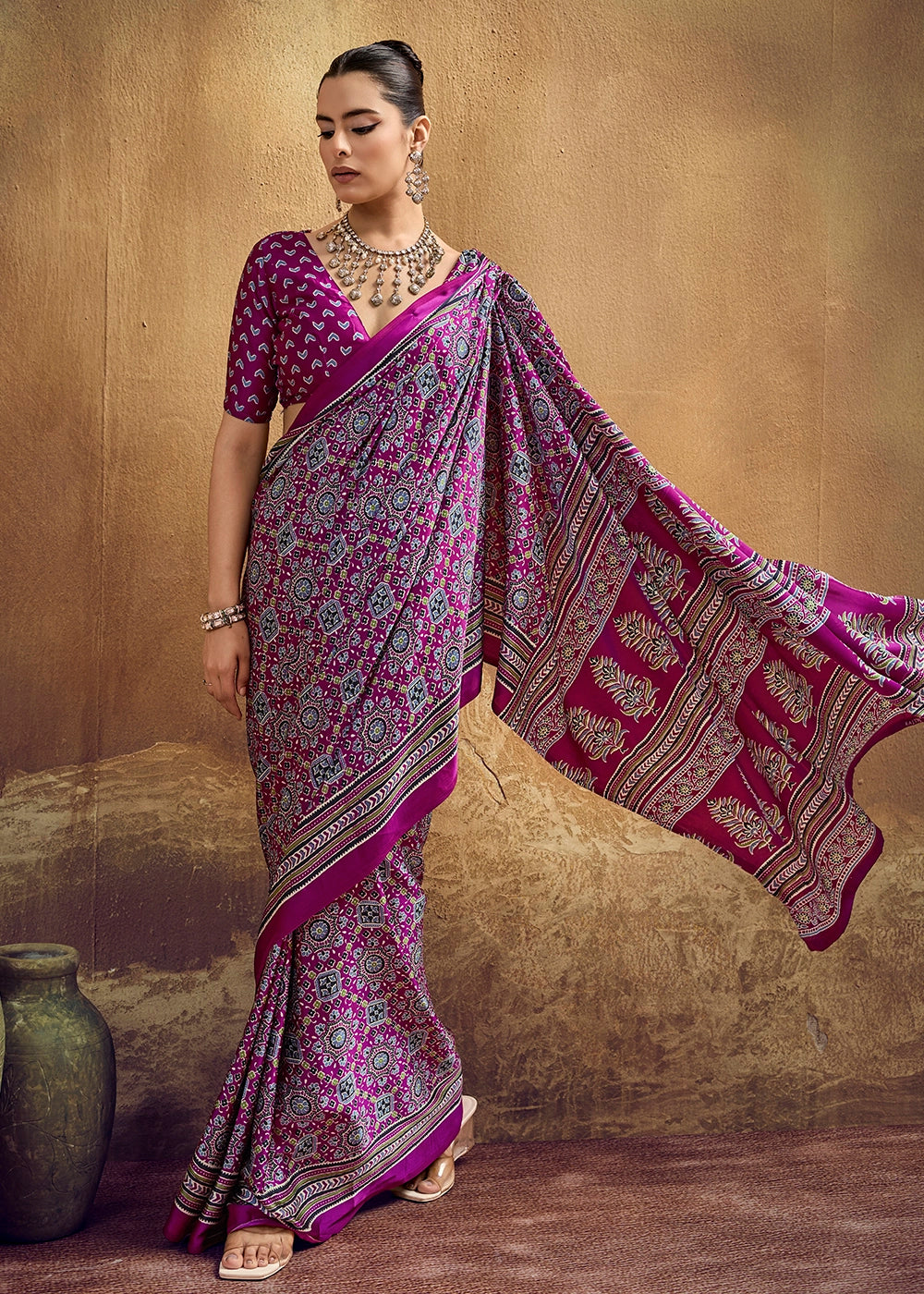 Pompadour Purple Satin Crepe Saree Featuring Rich Ajrakh Prints
