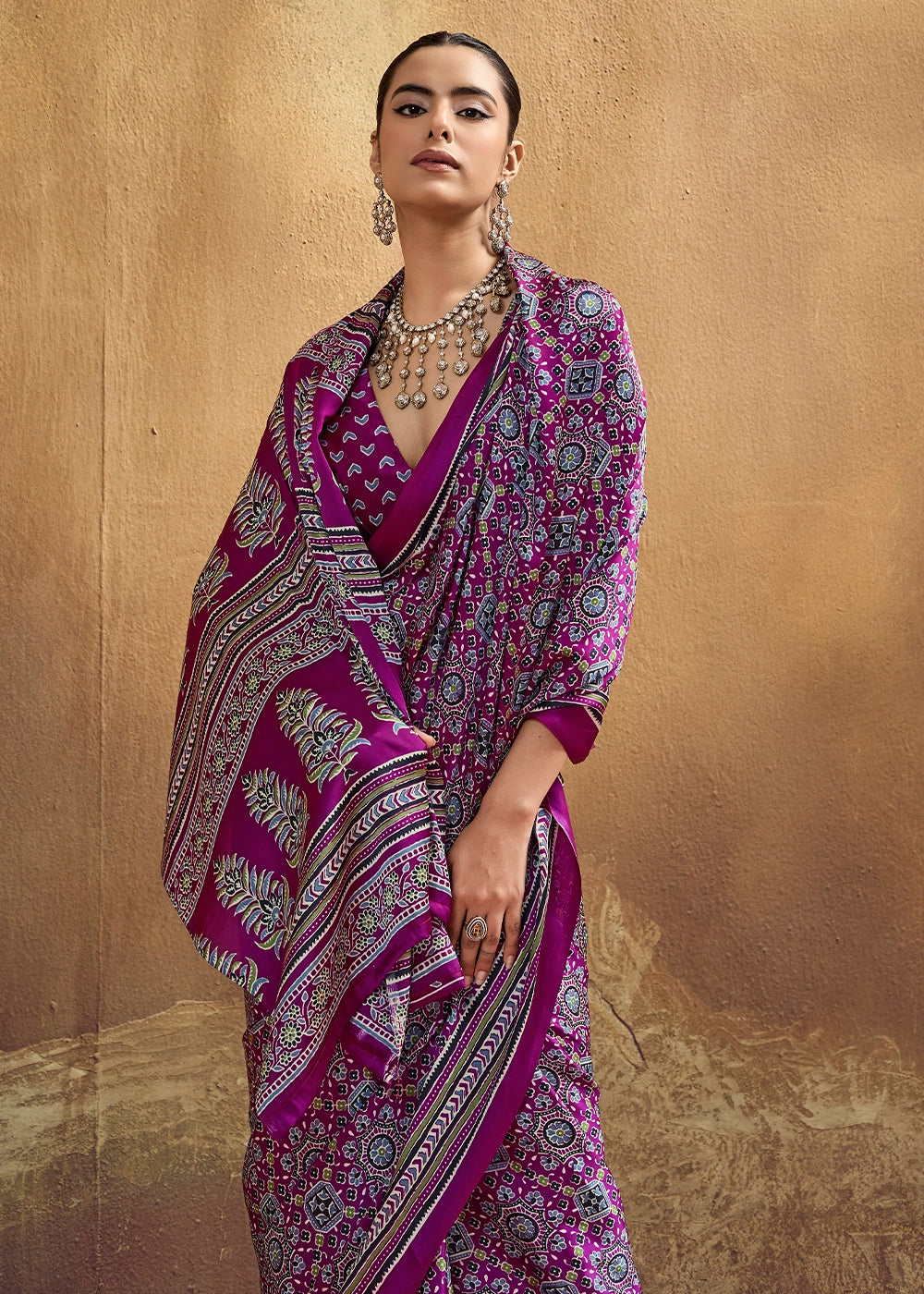 Pompadour Purple Satin Crepe Saree Featuring Rich Ajrakh Prints