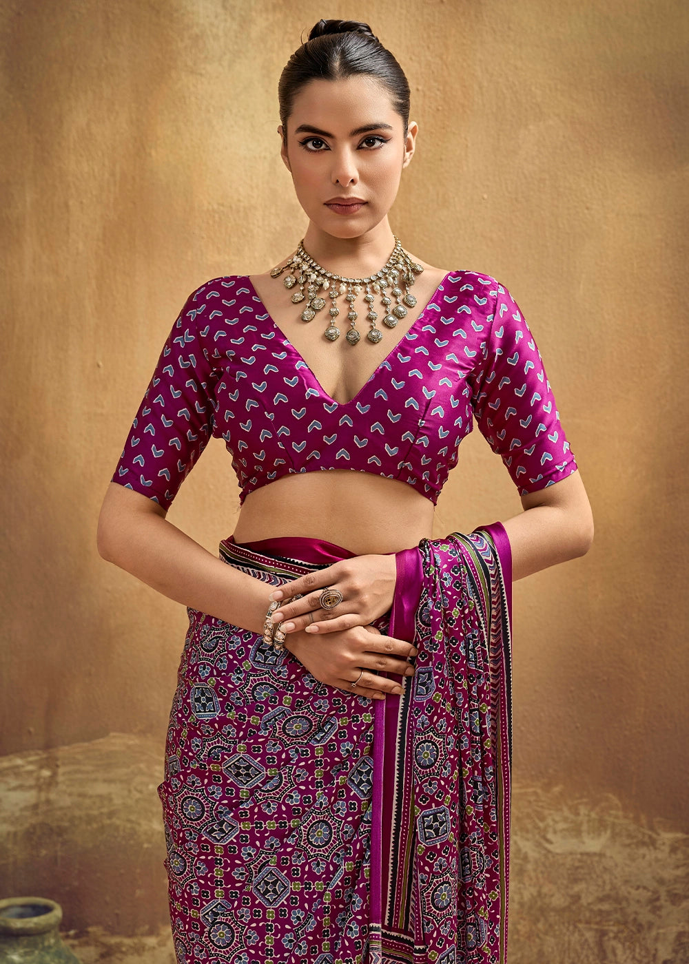 Pompadour Purple Satin Crepe Saree Featuring Rich Ajrakh Prints