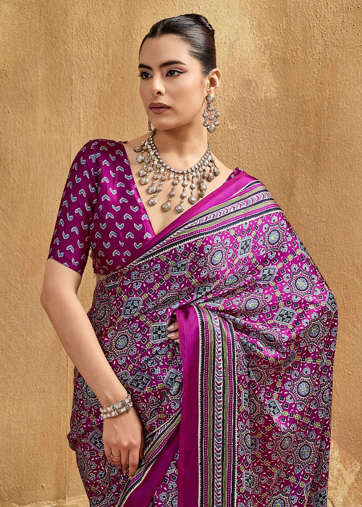 Pompadour Purple Satin Crepe Saree Featuring Rich Ajrakh Prints