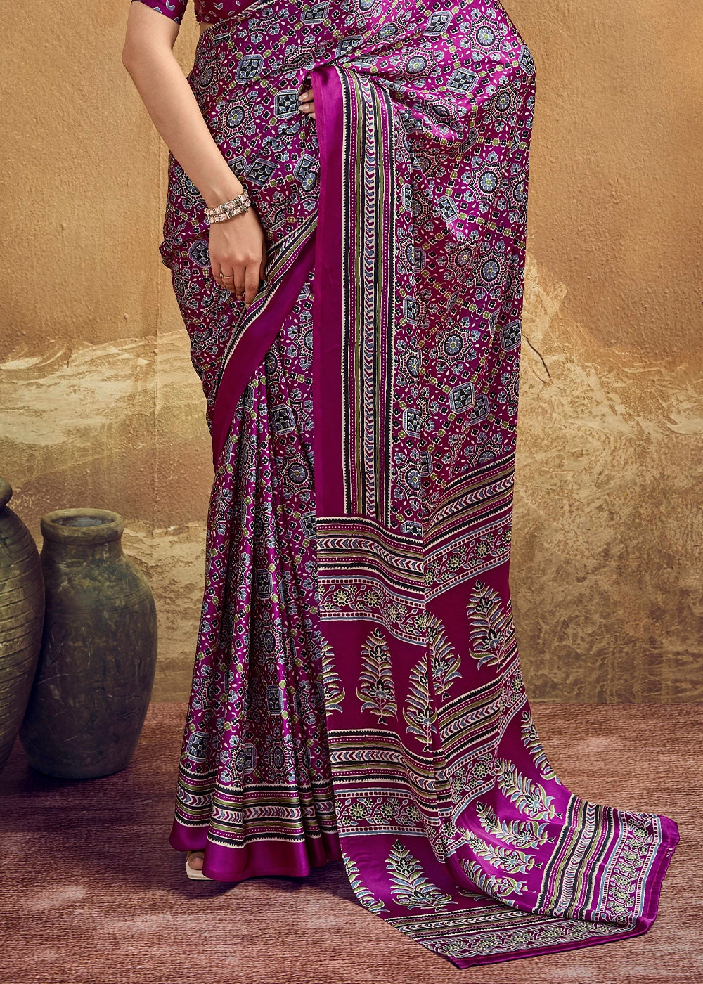 Pompadour Purple Satin Crepe Saree Featuring Rich Ajrakh Prints