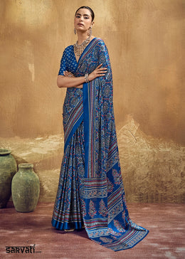 Cobalt Blue Satin Crepe Saree Featuring Rich Ajrakh Prints