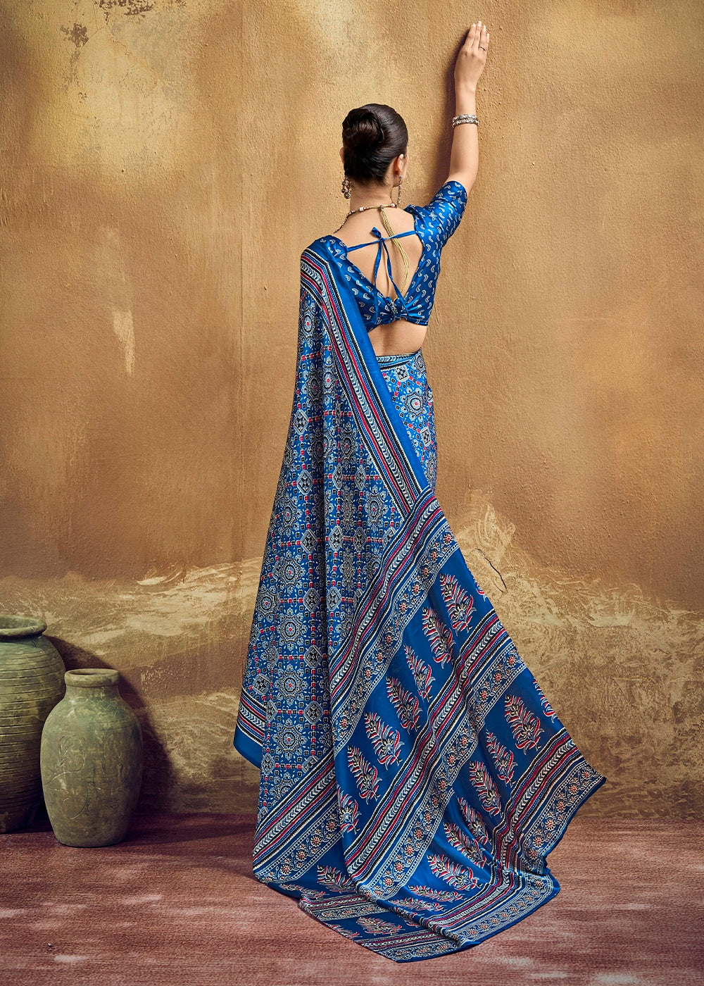 Cobalt Blue Satin Crepe Saree Featuring Rich Ajrakh Prints