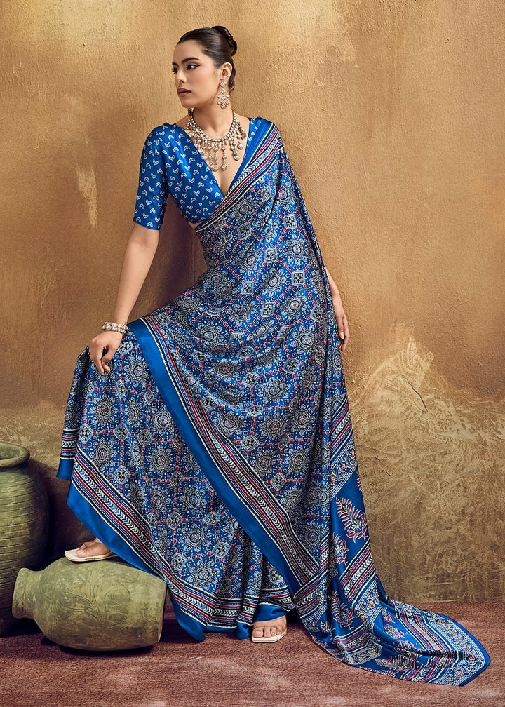 Cobalt Blue Satin Crepe Saree Featuring Rich Ajrakh Prints