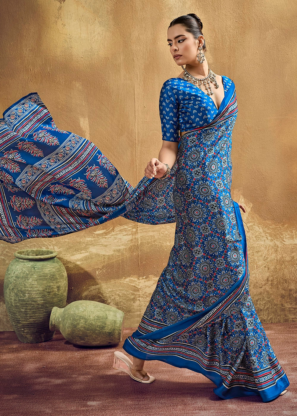 Cobalt Blue Satin Crepe Saree Featuring Rich Ajrakh Prints