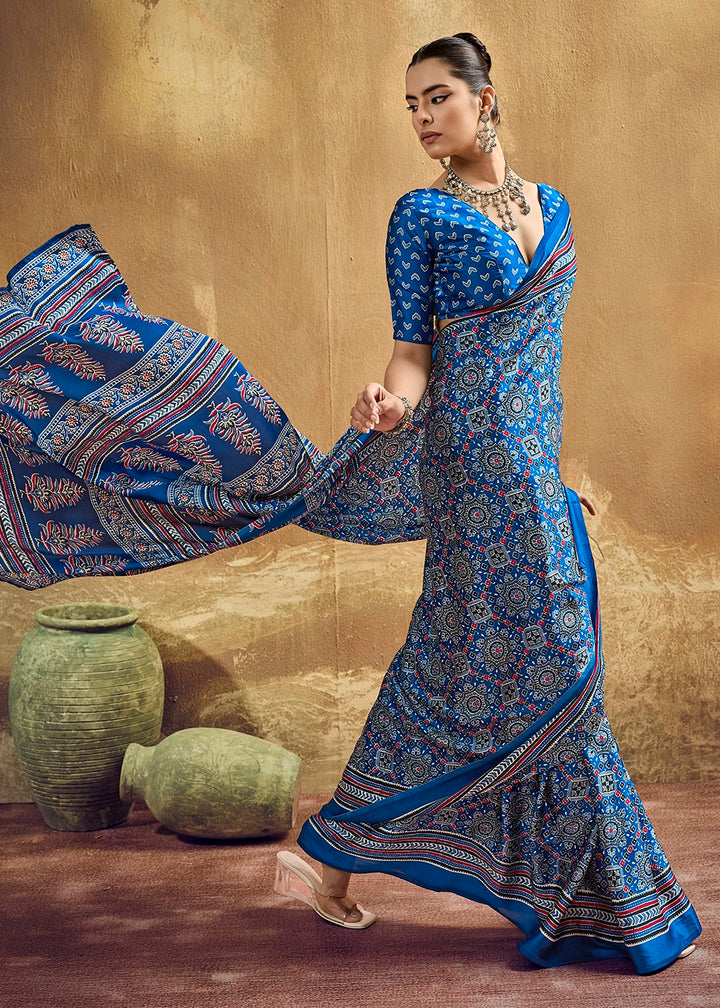 Cobalt Blue Satin Crepe Saree Featuring Rich Ajrakh Prints