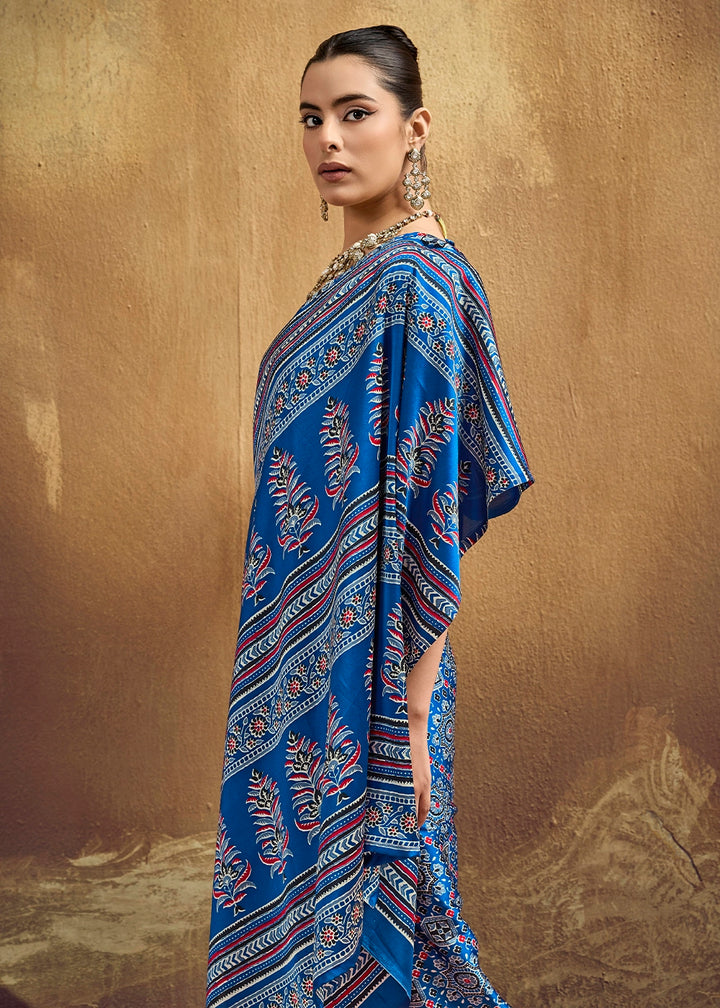 Cobalt Blue Satin Crepe Saree Featuring Rich Ajrakh Prints