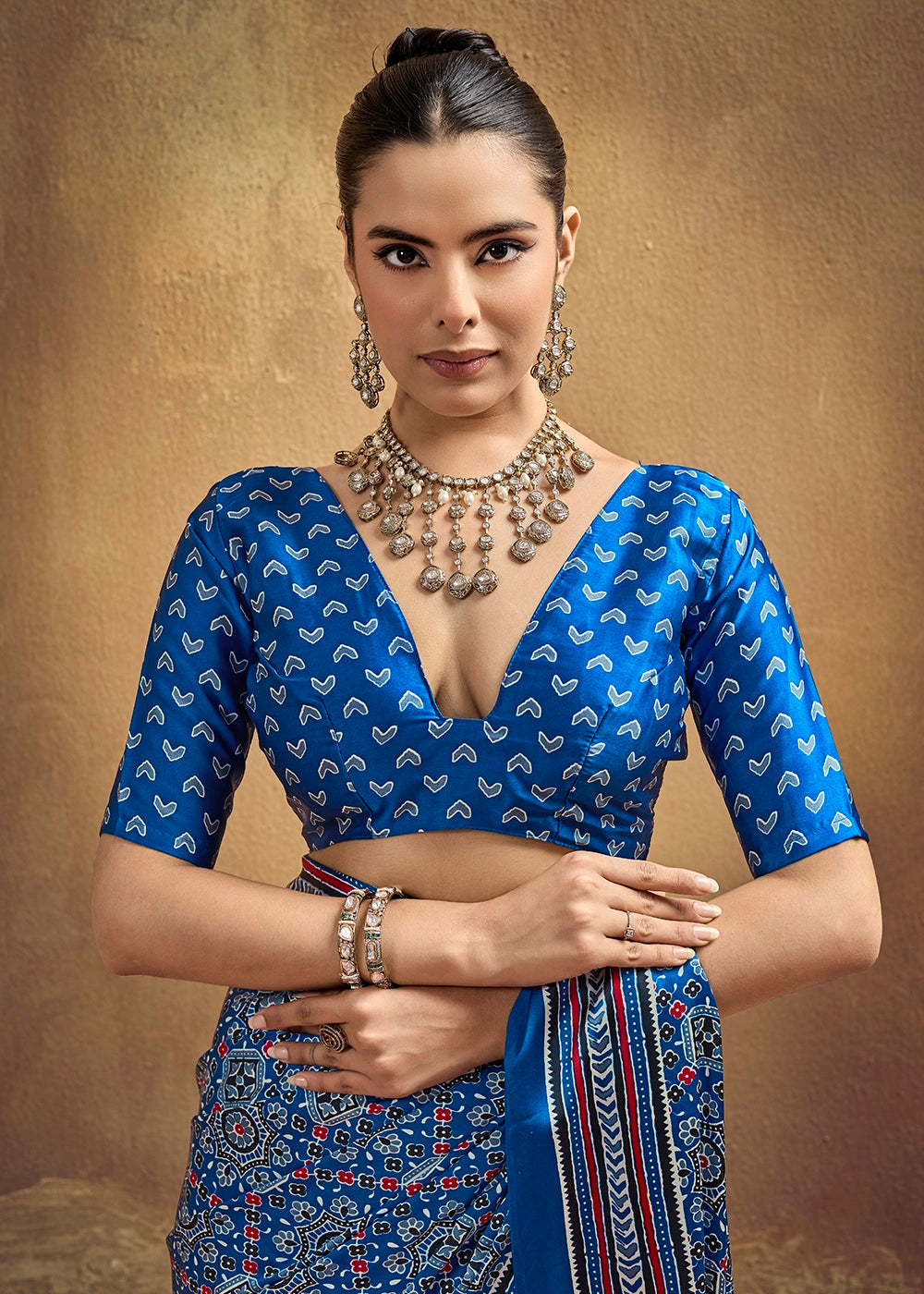 Cobalt Blue Satin Crepe Saree Featuring Rich Ajrakh Prints