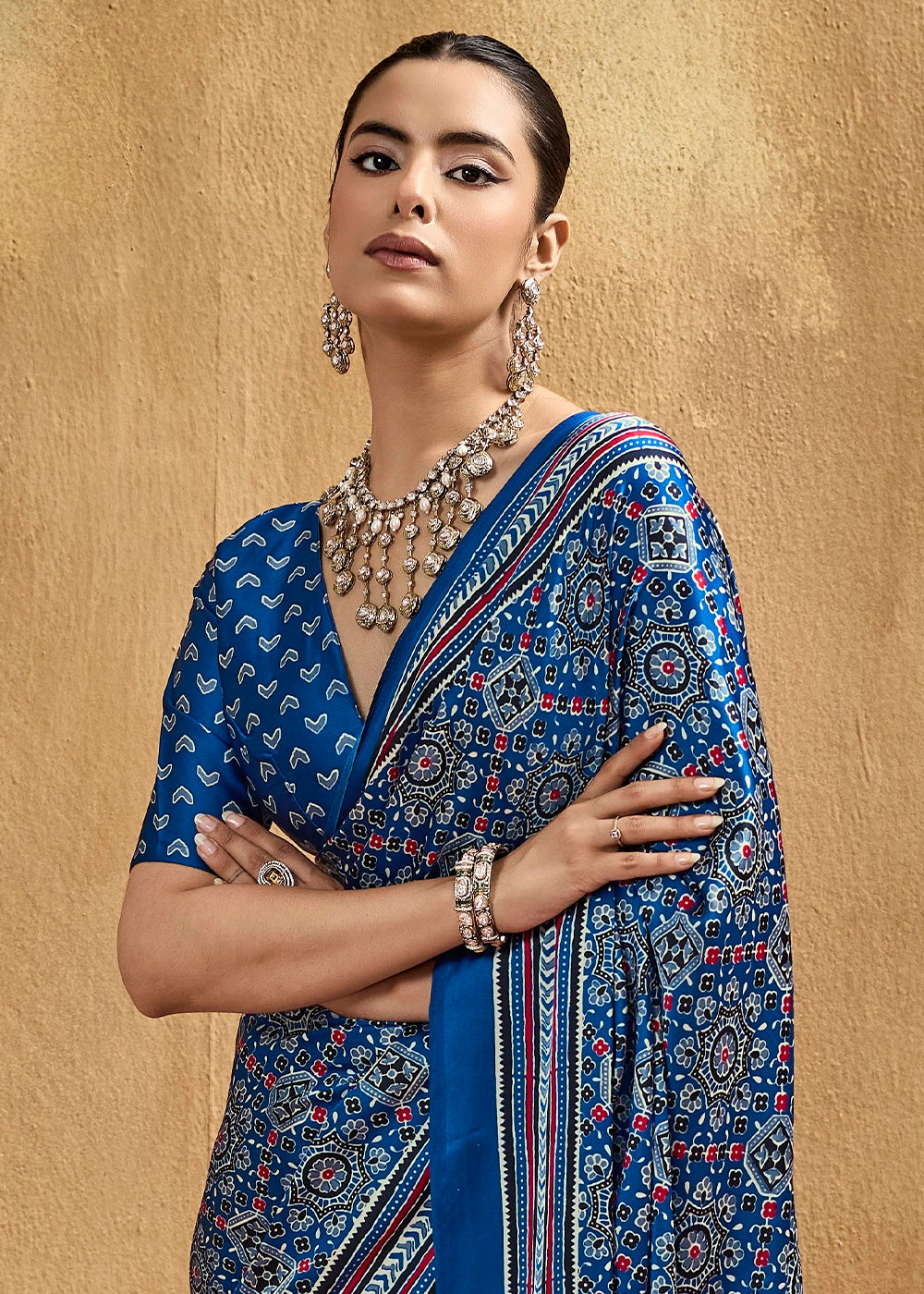 Cobalt Blue Satin Crepe Saree Featuring Rich Ajrakh Prints