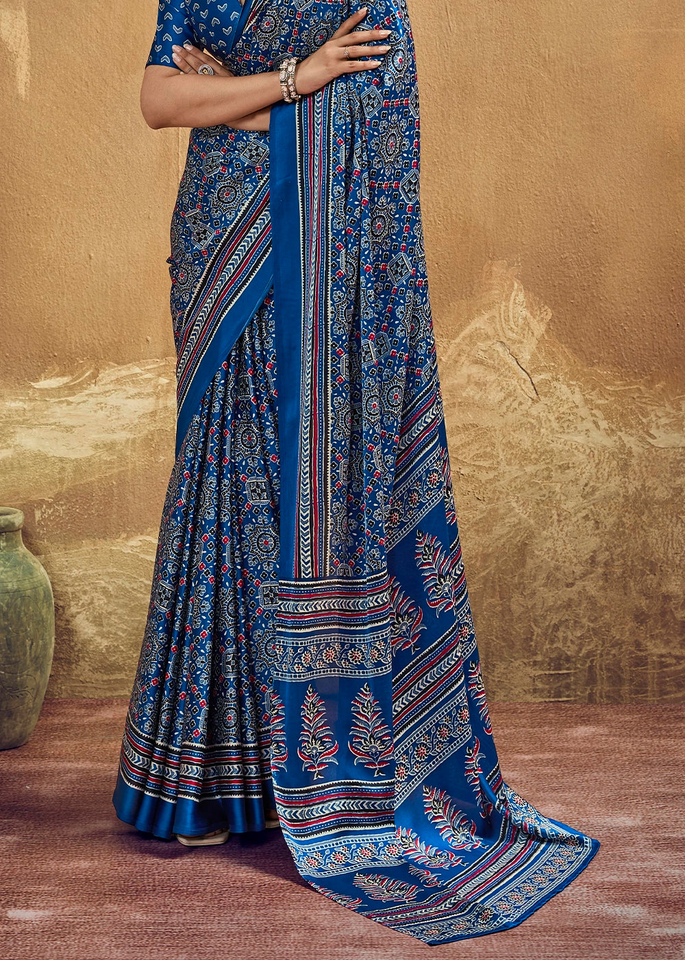 Cobalt Blue Satin Crepe Saree Featuring Rich Ajrakh Prints