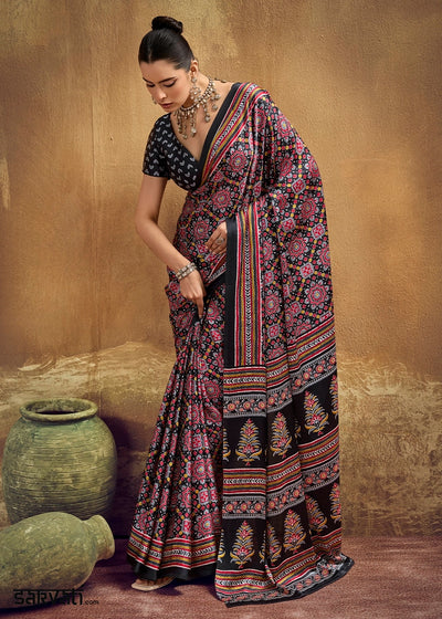 Red & Black Satin Crepe Saree Featuring Rich Ajrakh Prints