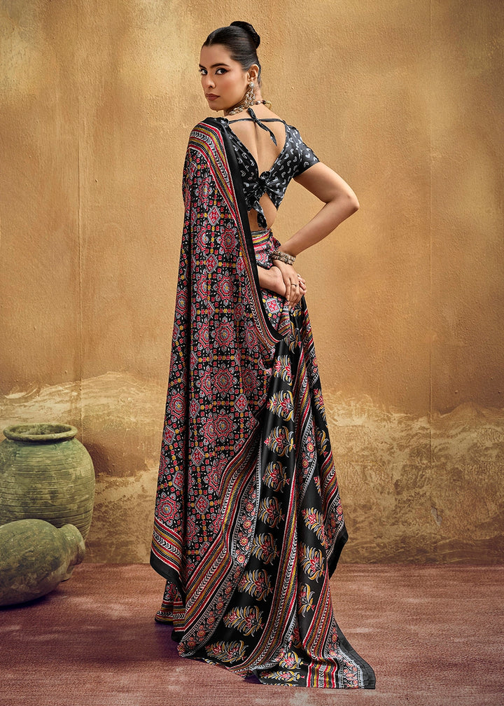 Red & Black Satin Crepe Saree Featuring Rich Ajrakh Prints