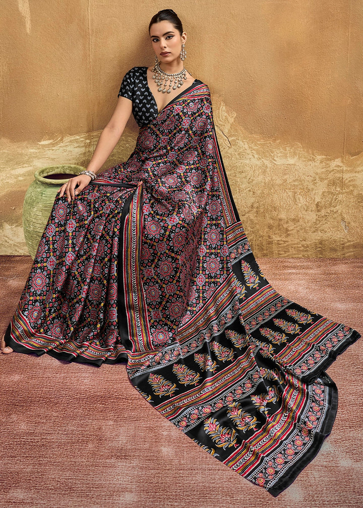 Red & Black Satin Crepe Saree Featuring Rich Ajrakh Prints