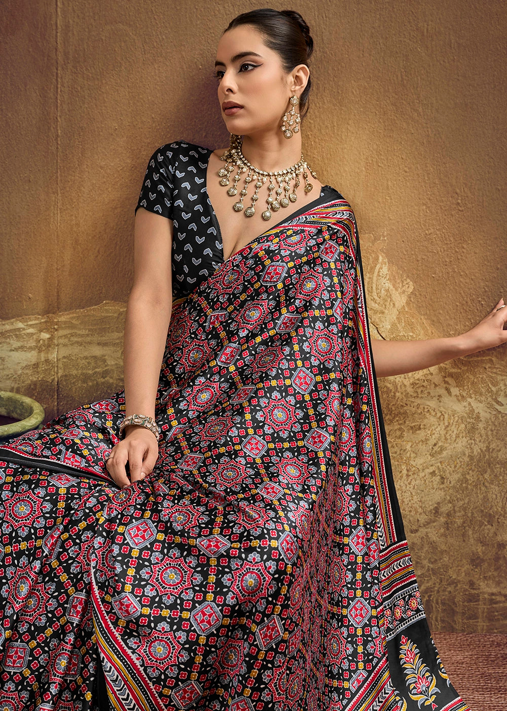 Red & Black Satin Crepe Saree Featuring Rich Ajrakh Prints