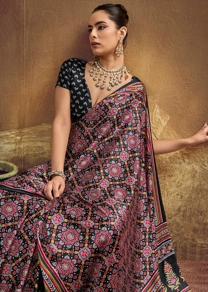 Red & Black Satin Crepe Saree Featuring Rich Ajrakh Prints