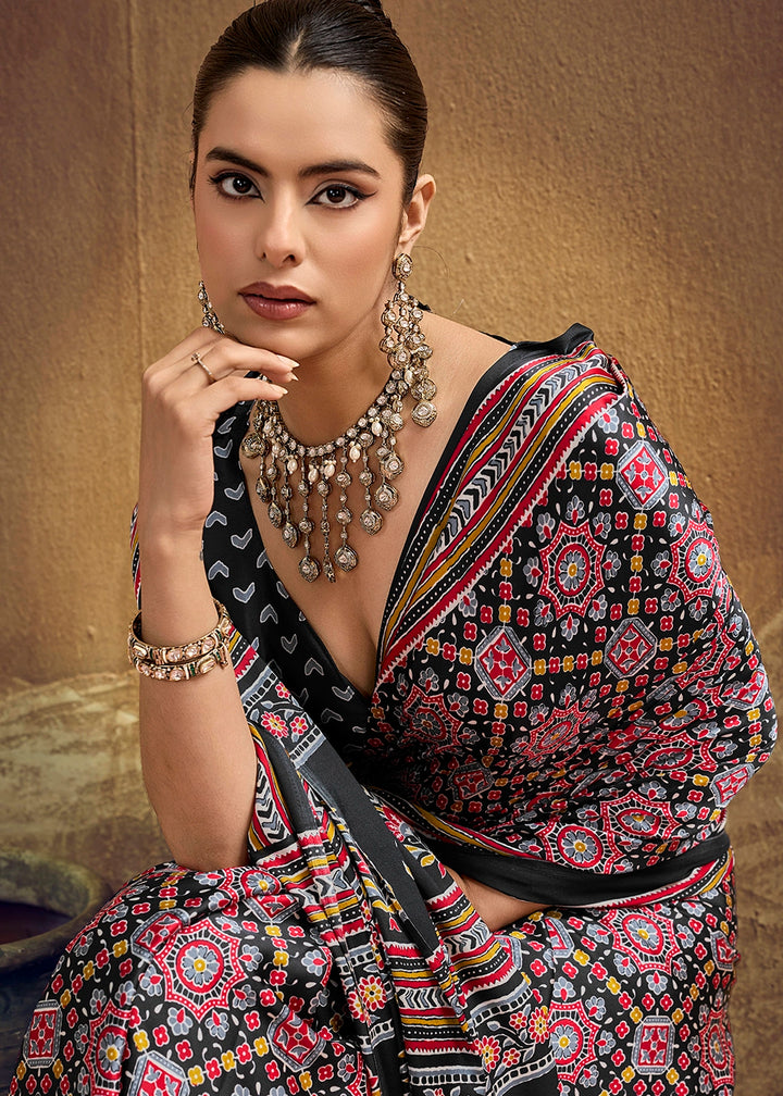 Red & Black Satin Crepe Saree Featuring Rich Ajrakh Prints