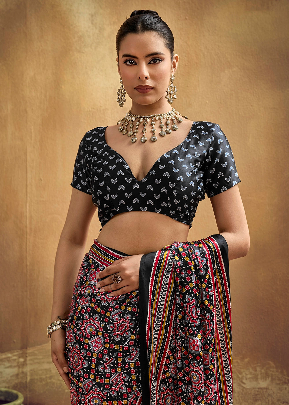 Red & Black Satin Crepe Saree Featuring Rich Ajrakh Prints