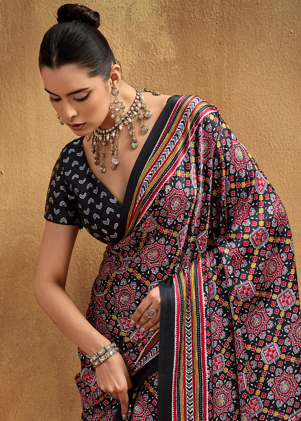 Red & Black Satin Crepe Saree Featuring Rich Ajrakh Prints