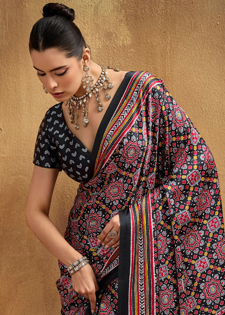 Red & Black Satin Crepe Saree Featuring Rich Ajrakh Prints