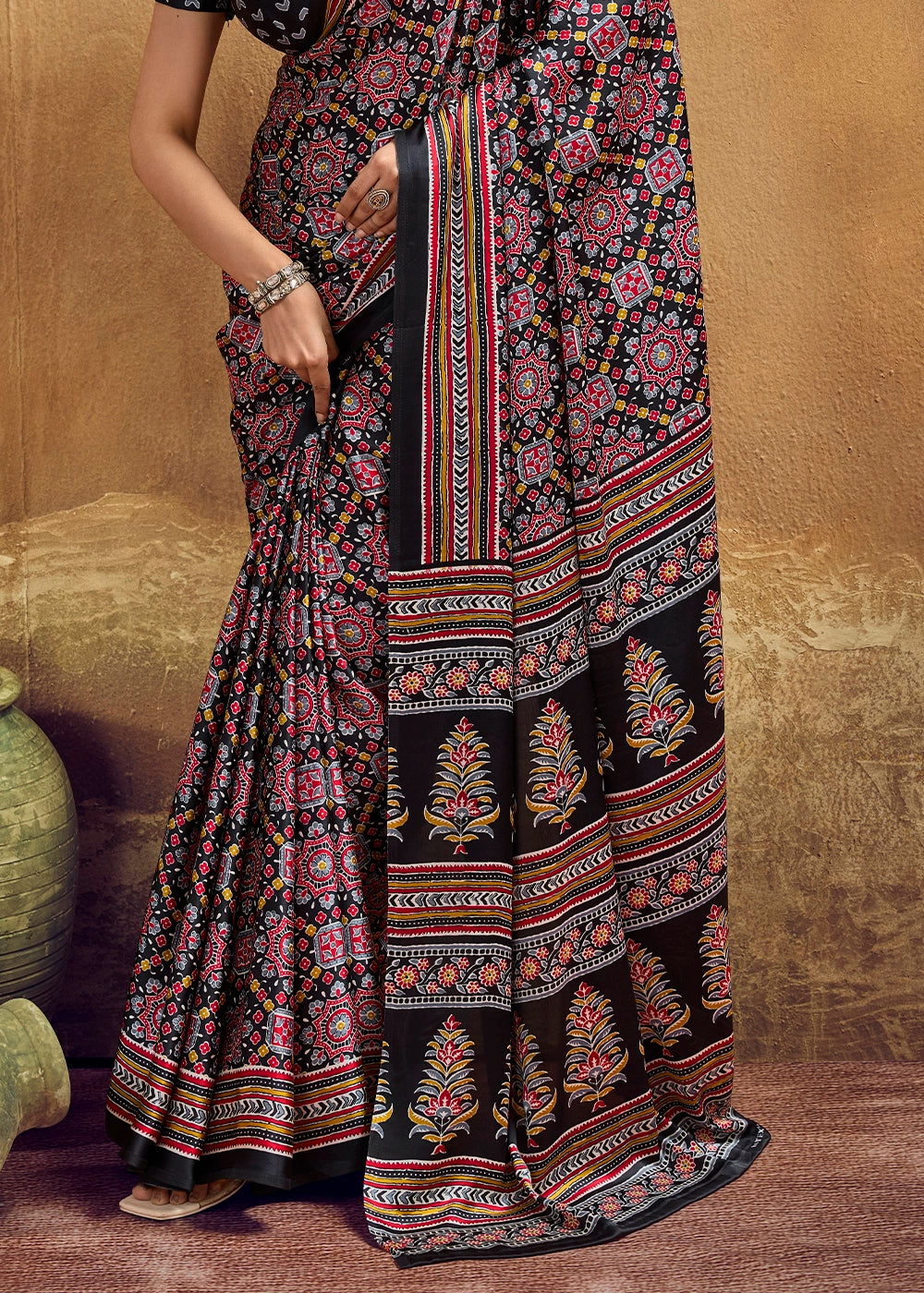 Red & Black Satin Crepe Saree Featuring Rich Ajrakh Prints