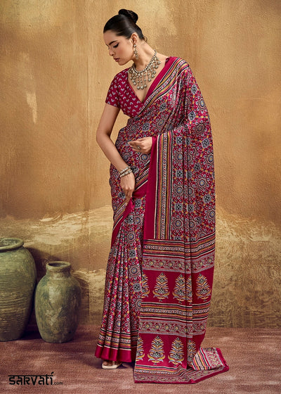 Maroon Red Satin Crepe Saree Featuring Rich Ajrakh Prints