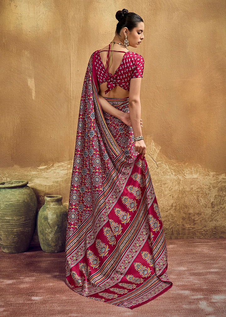 Maroon Red Satin Crepe Saree Featuring Rich Ajrakh Prints