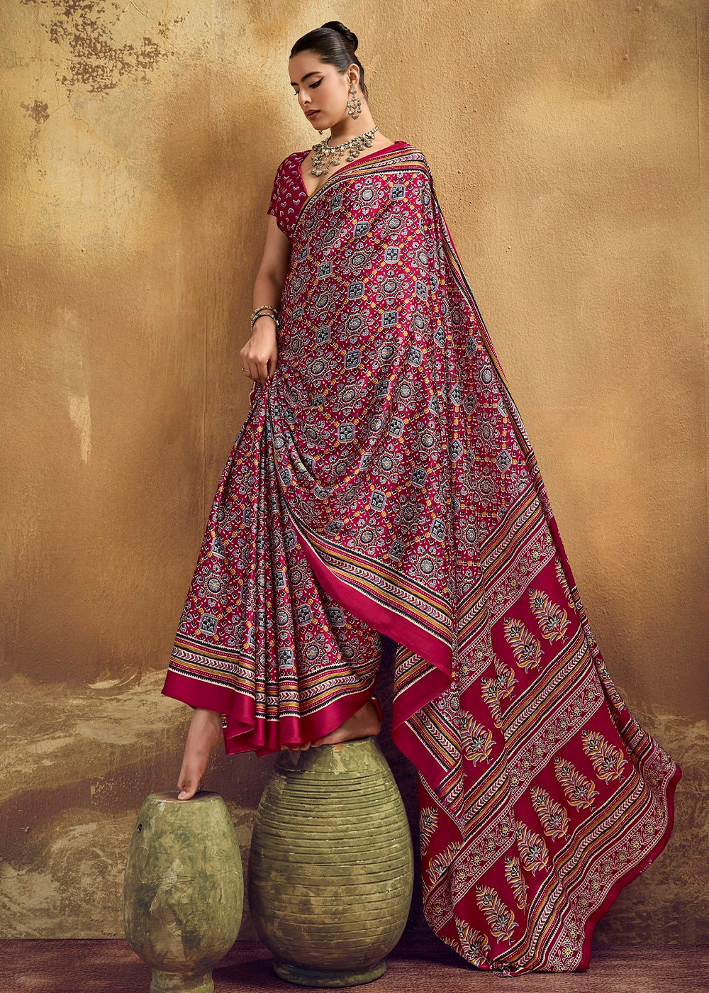 Maroon Red Satin Crepe Saree Featuring Rich Ajrakh Prints
