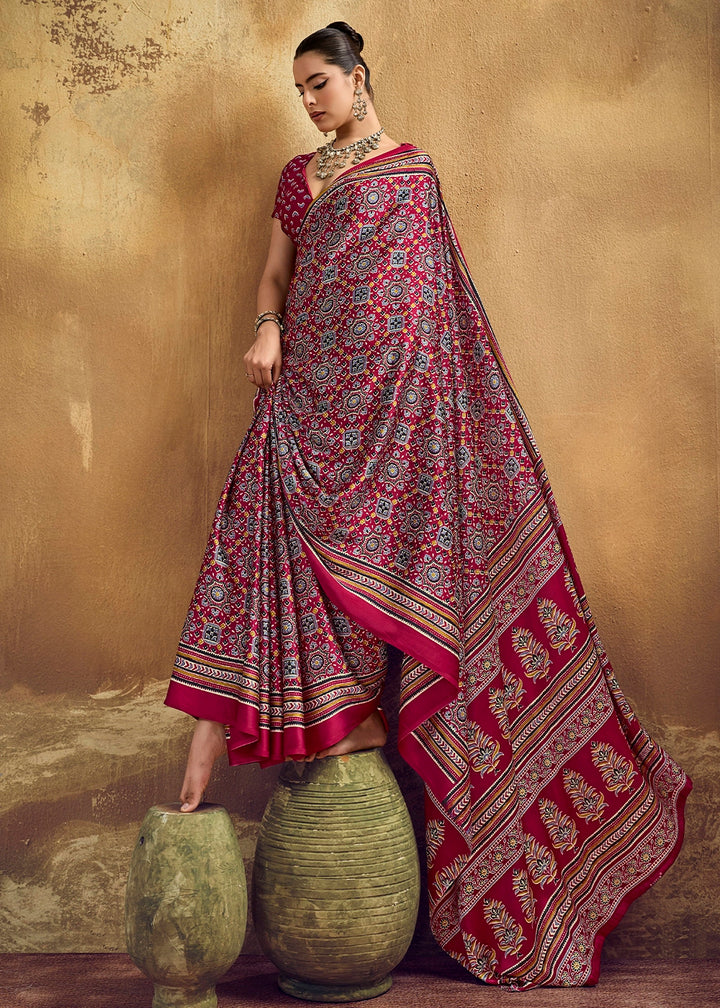 Maroon Red Satin Crepe Saree Featuring Rich Ajrakh Prints