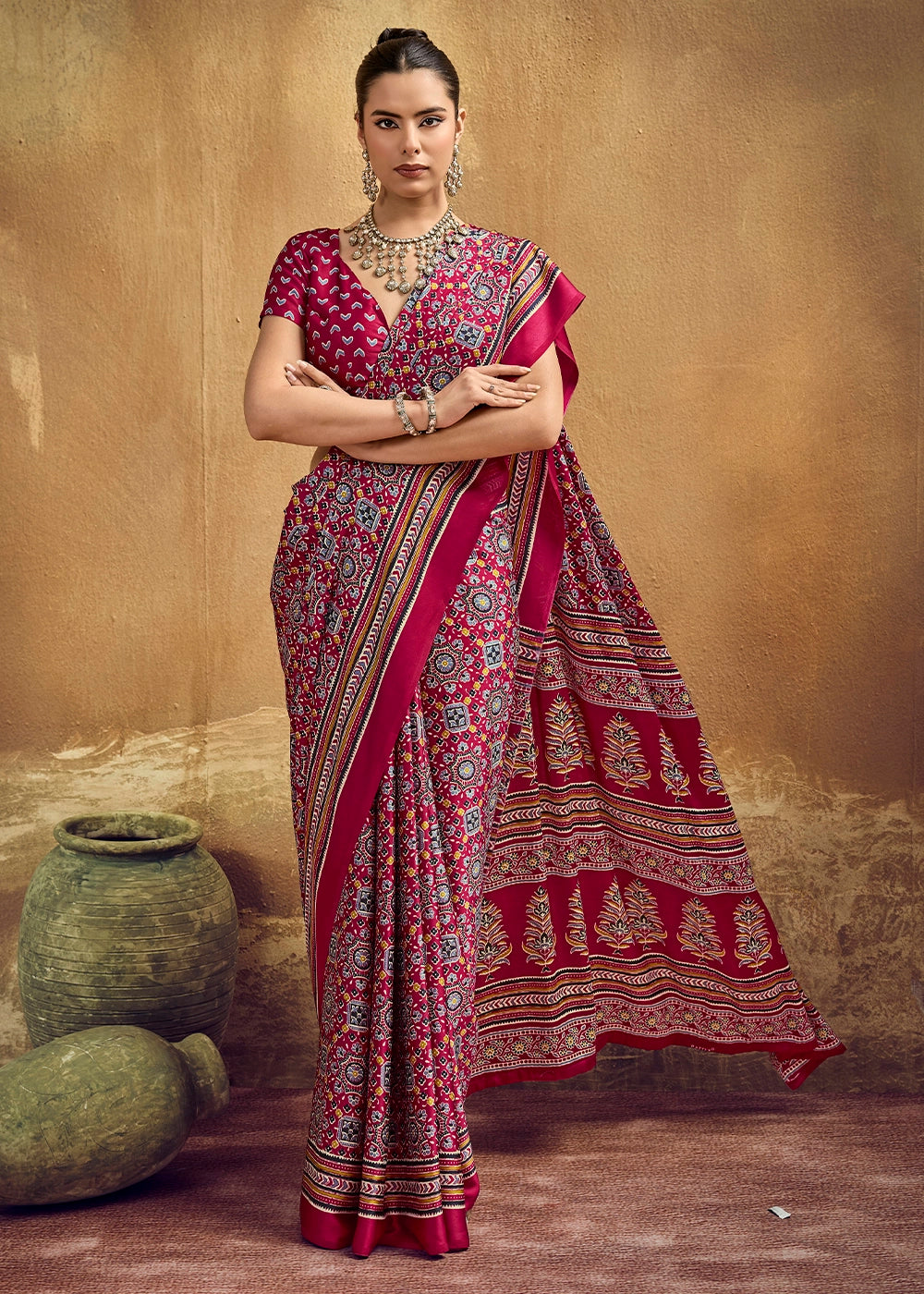 Maroon Red Satin Crepe Saree Featuring Rich Ajrakh Prints