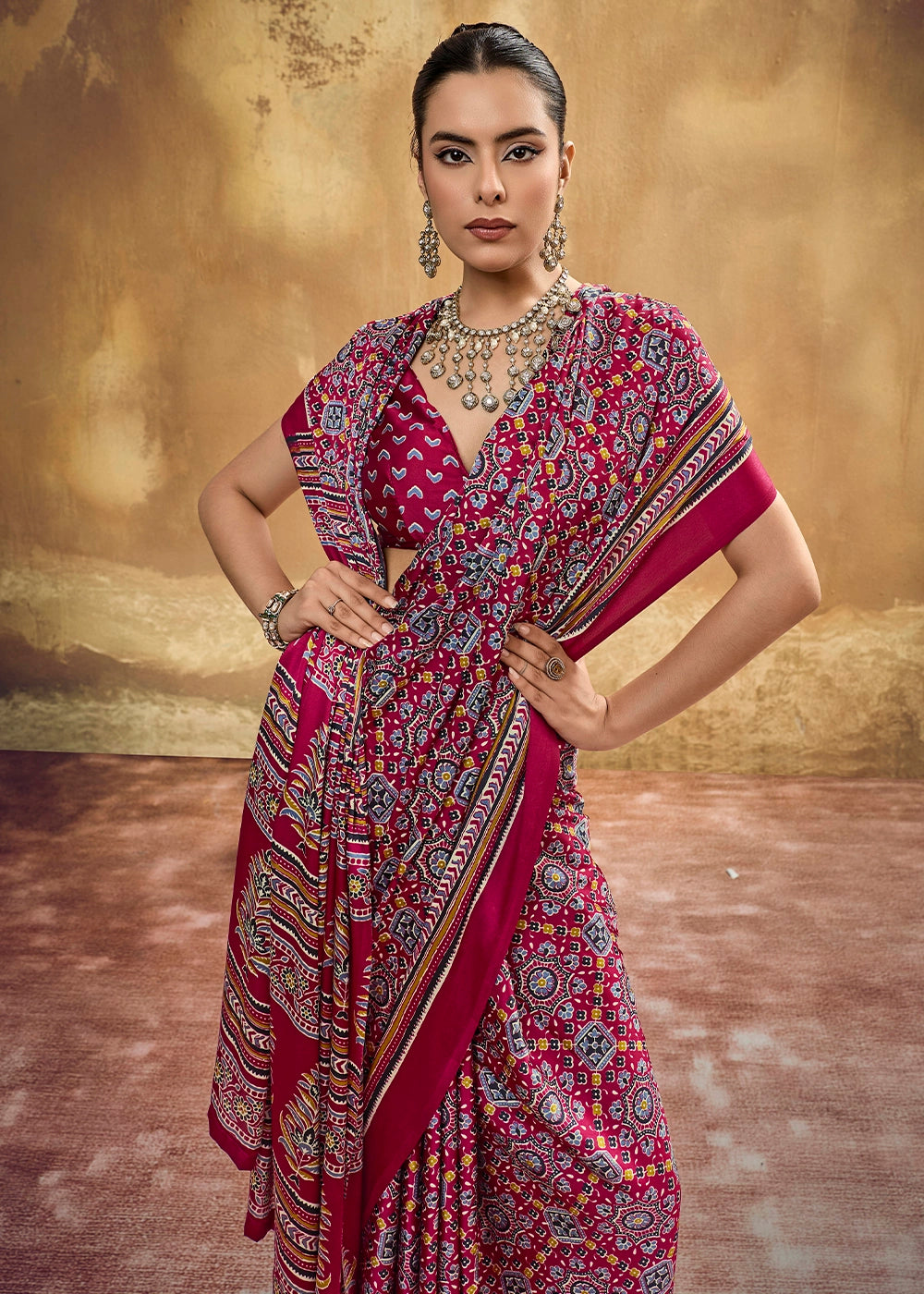 Maroon Red Satin Crepe Saree Featuring Rich Ajrakh Prints