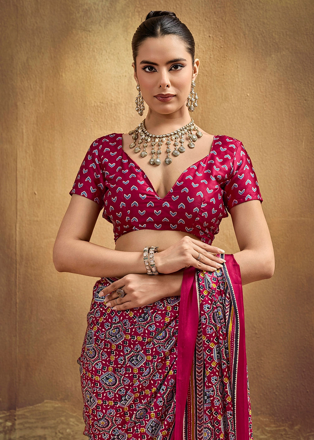 Maroon Red Satin Crepe Saree Featuring Rich Ajrakh Prints
