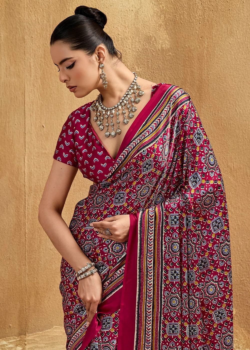 Maroon Red Satin Crepe Saree Featuring Rich Ajrakh Prints