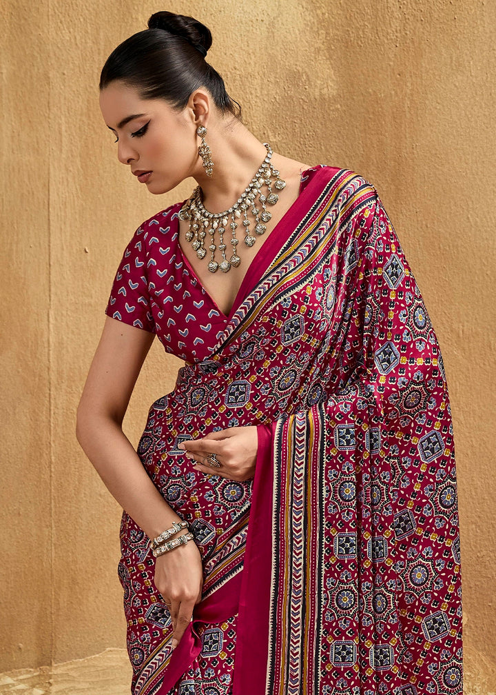 Maroon Red Satin Crepe Saree Featuring Rich Ajrakh Prints