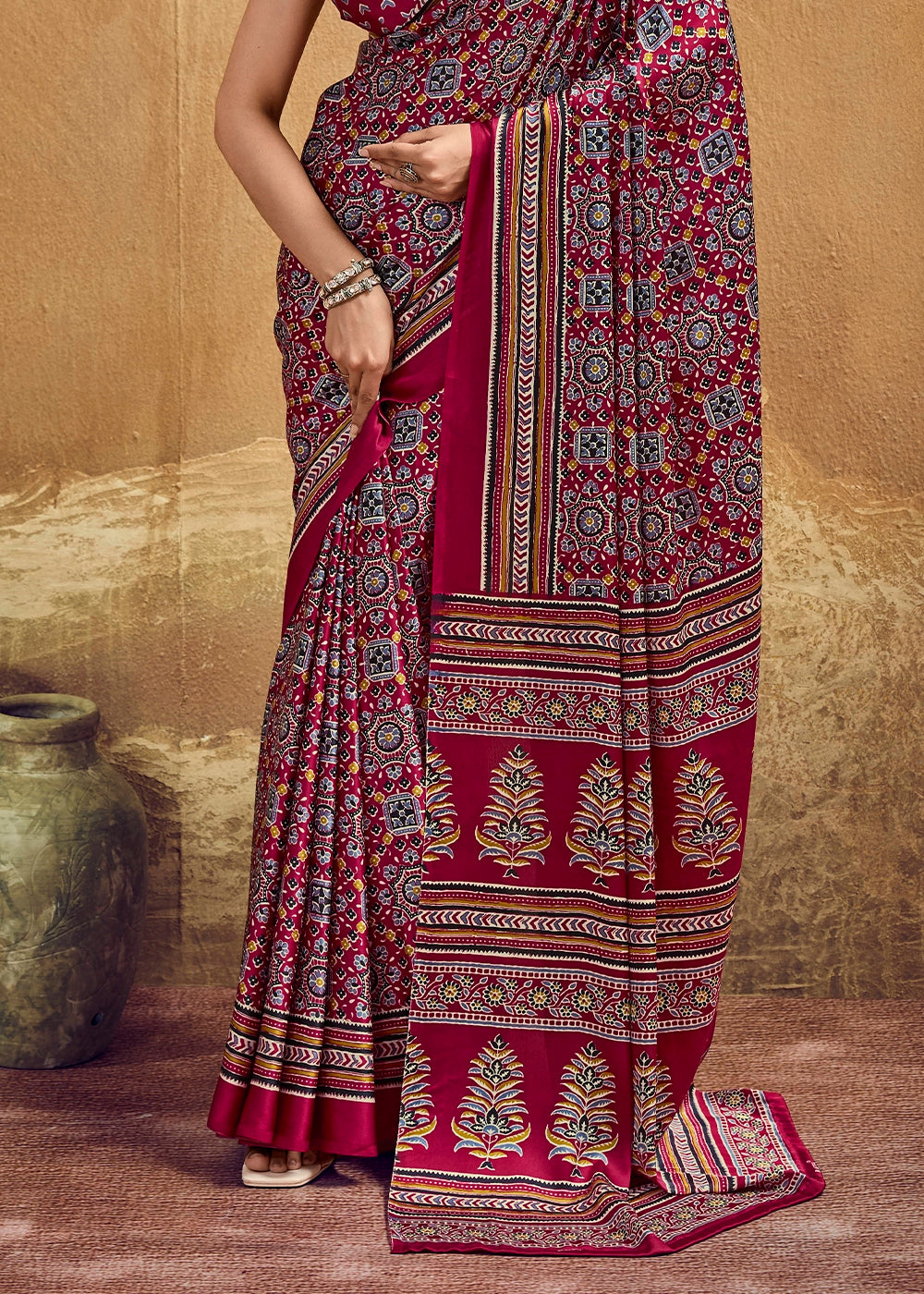Maroon Red Satin Crepe Saree Featuring Rich Ajrakh Prints