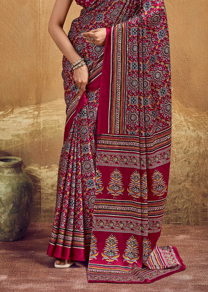 Maroon Red Satin Crepe Saree Featuring Rich Ajrakh Prints