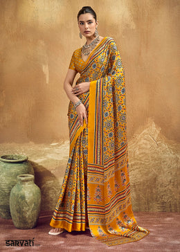 Cyber Yellow Satin Crepe Saree Featuring Rich Ajrakh Prints