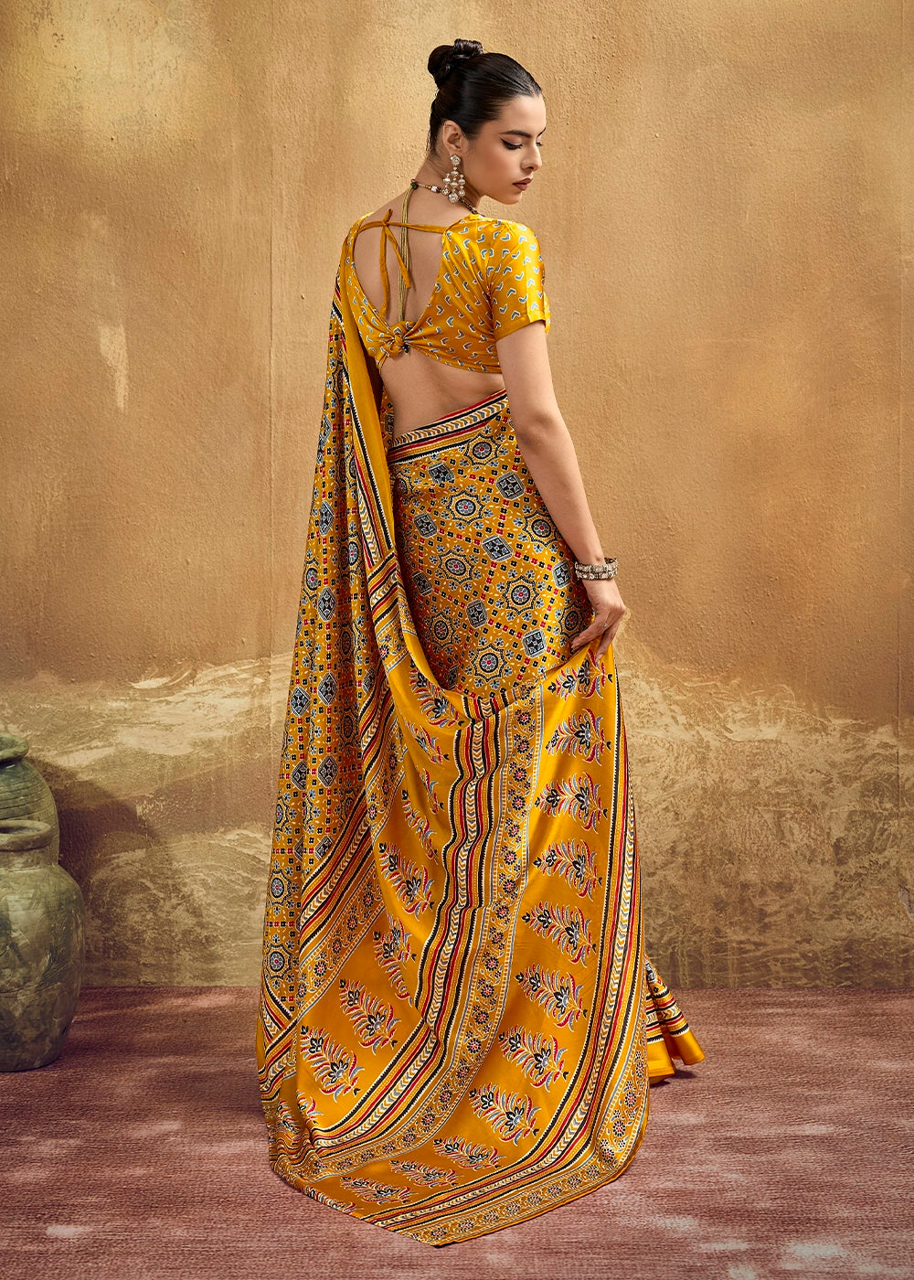 Cyber Yellow Satin Crepe Saree Featuring Rich Ajrakh Prints