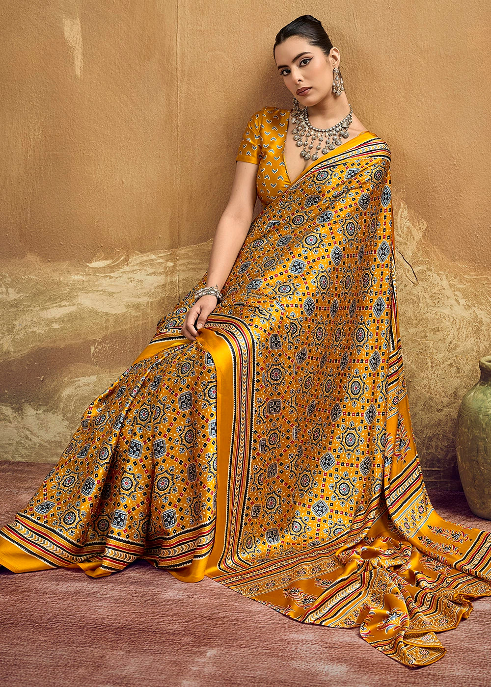Cyber Yellow Satin Crepe Saree Featuring Rich Ajrakh Prints