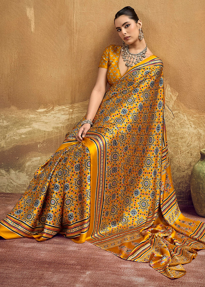 Cyber Yellow Satin Crepe Saree Featuring Rich Ajrakh Prints