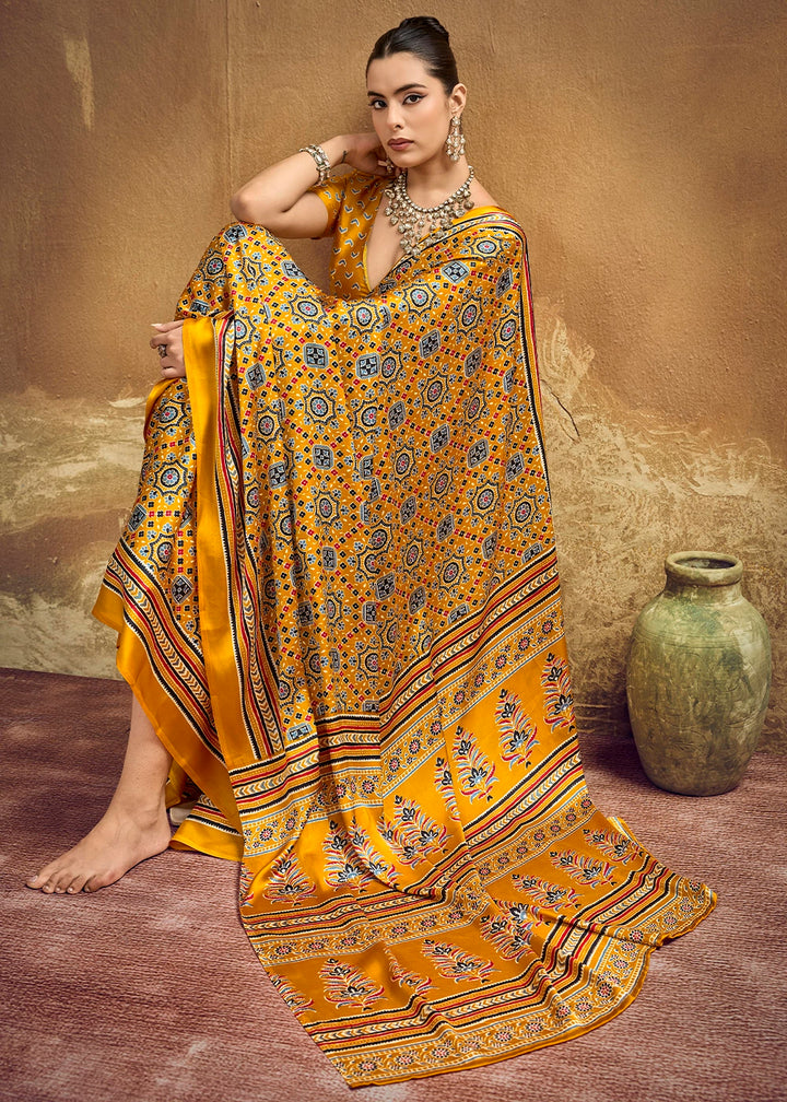 Cyber Yellow Satin Crepe Saree Featuring Rich Ajrakh Prints