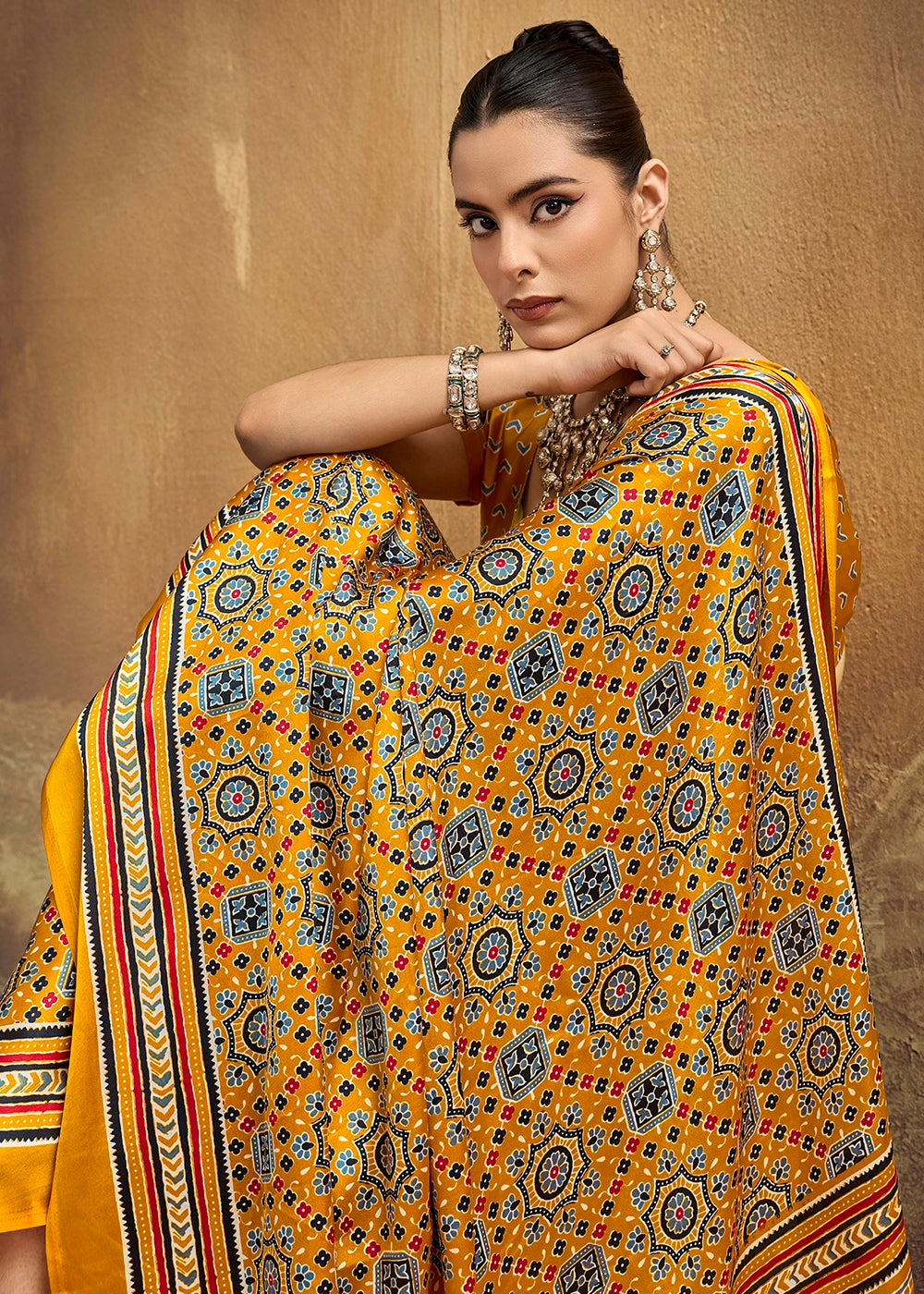 Cyber Yellow Satin Crepe Saree Featuring Rich Ajrakh Prints