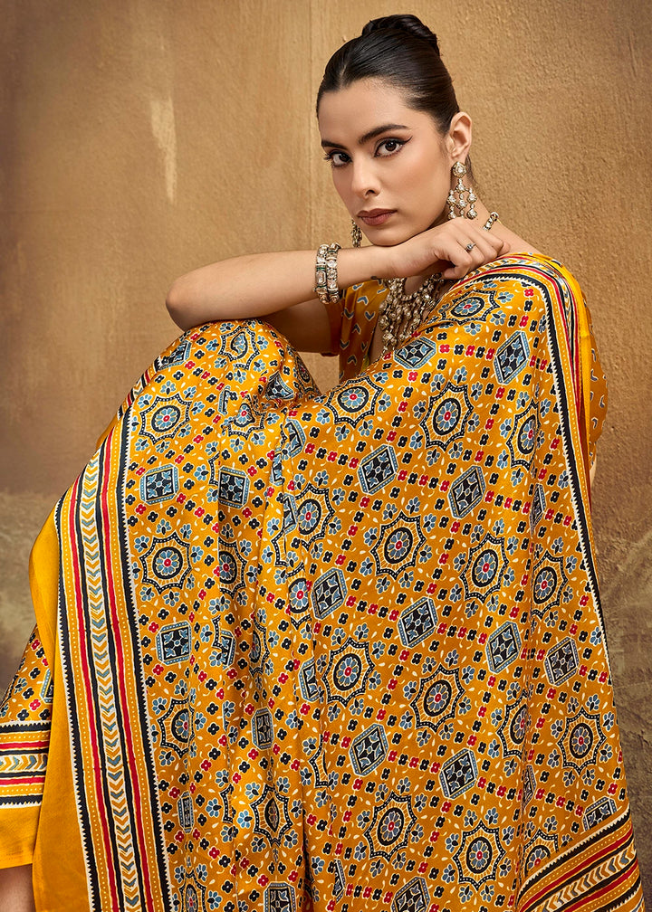 Cyber Yellow Satin Crepe Saree Featuring Rich Ajrakh Prints